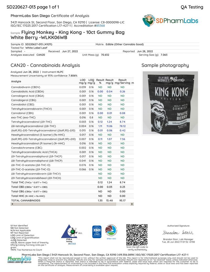 Flying Monkey King Kong 10ct Gummy Bag White Berry WLKK06WB 1